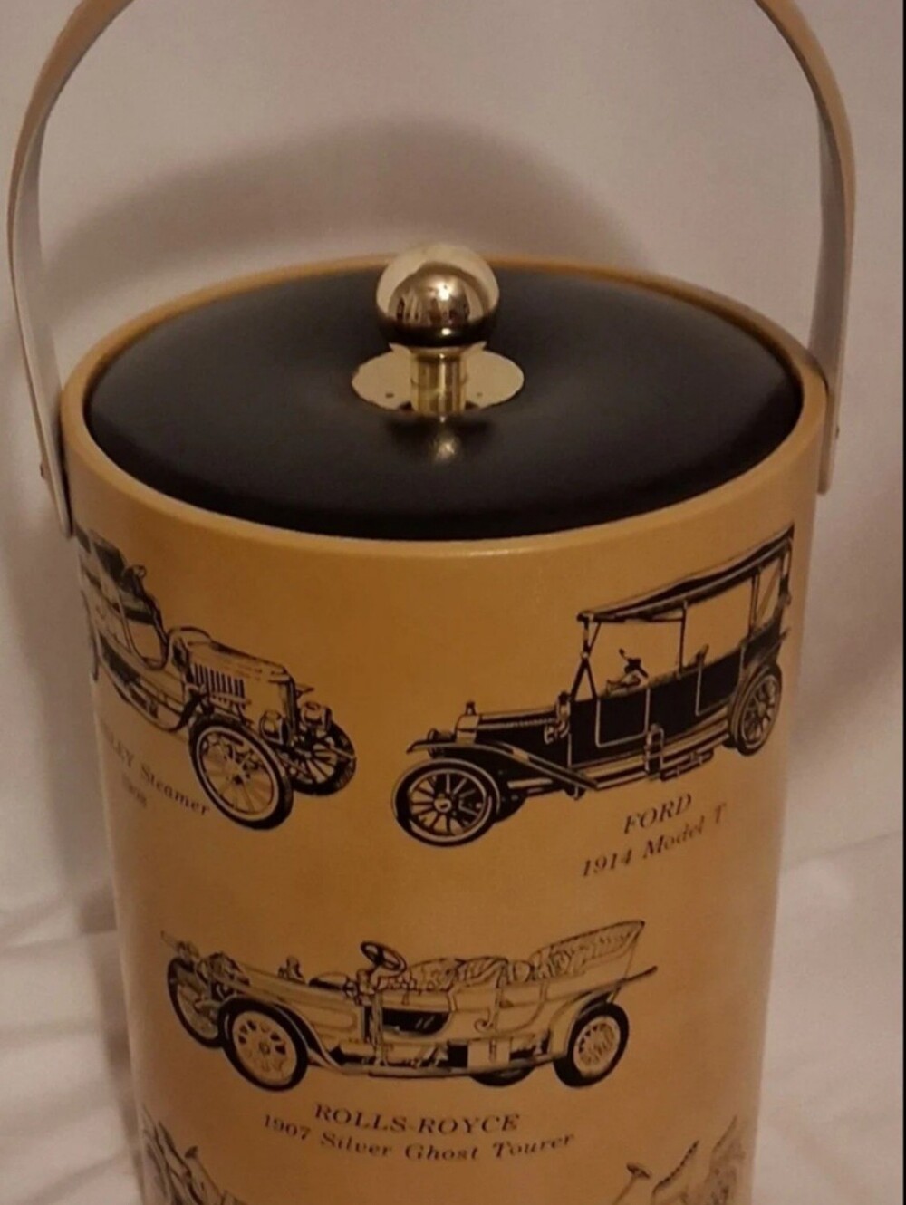 Vintage Automobile-Illustrated Ice Bucket MCM Classic Car Faux Leather Bar Caddy